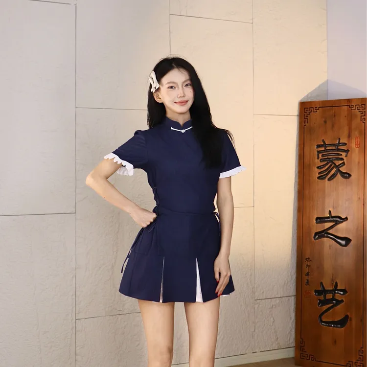 【蒙之艺】藏蓝色木耳边抽绳设计蒙古族元素短袖连衣裙