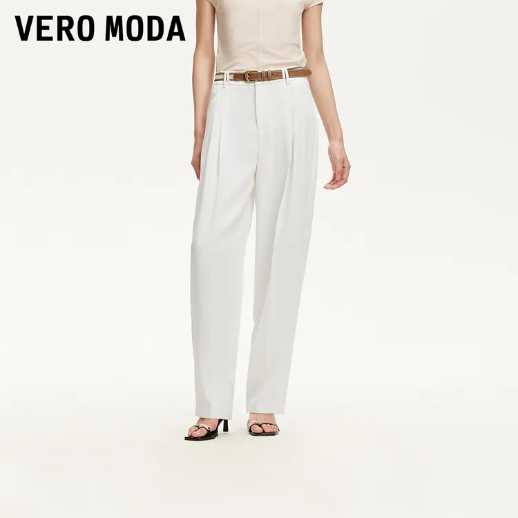 Vero Moda休闲裤女2025新款卡扣腰头捏褶设计直筒裤洋气高腰百搭