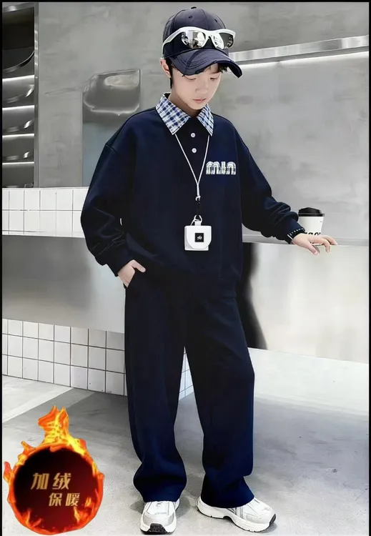 男童新款POLO格子领加绒套装休闲时尚秋冬季儿童运动长袖两件套