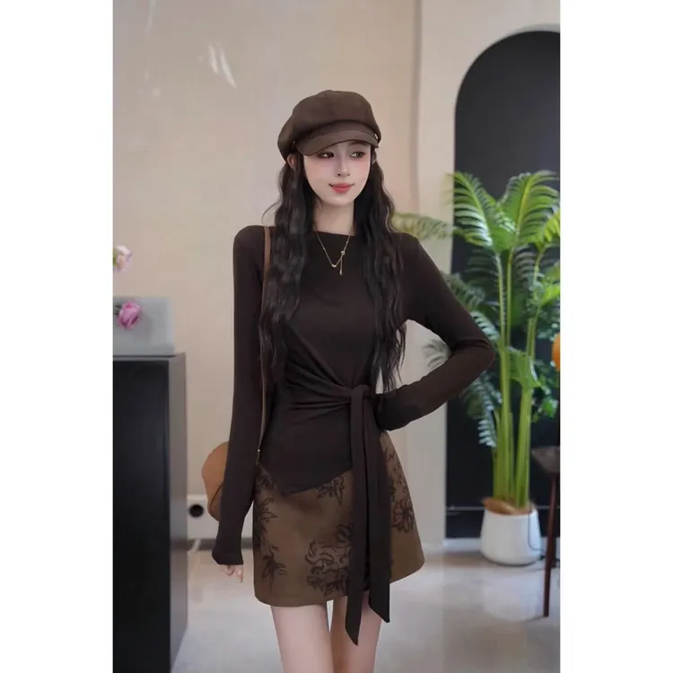 YUANLIANSU/圆脸酥【雨丝风片】千金风绑带一字领长袖T恤女秋季新款