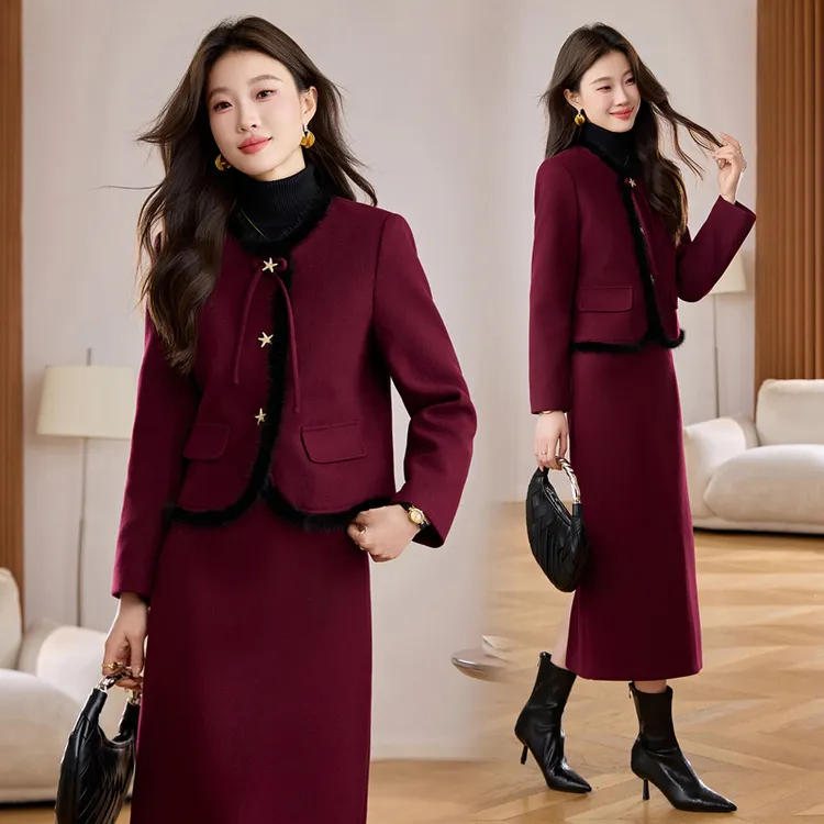 小香风毛绒拼接夹棉毛呢套装女2025冬季新款名媛气质半身裙两件套