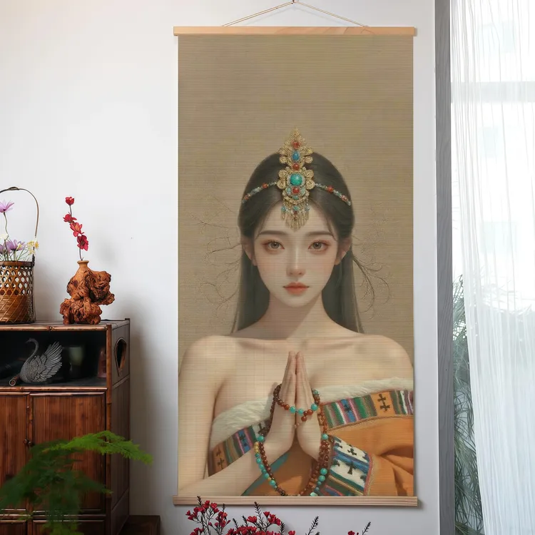 藏族少女竹帘画中式挂画客厅民宿玄关装饰画禅意茶室书房背景挂帘