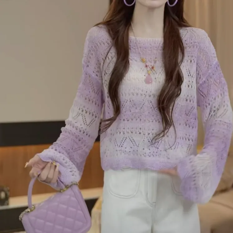 2025新款时尚圆领罩衫吊带套装渐变镂空撞色短款针织衫两件套9110