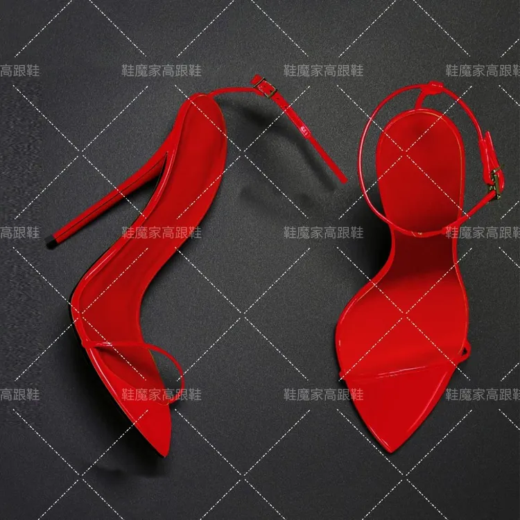 2025欧洲站12cm尖头红色细带性感超高跟鞋凉鞋35-45码红底时装鞋
