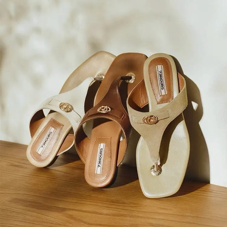 粘胶鞋人字拖胶粘鞋纯色休闲金属休闲风坡跟沙滩凉拖鞋沙滩凉鞋