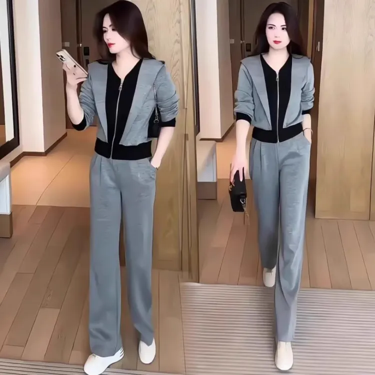 时尚休闲套装女春秋新款洋气减龄显瘦假两件连帽卫衣阔腿裤两件套