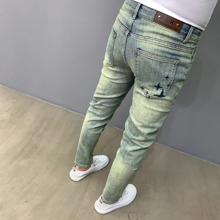时尚刺绣牛仔裤男士潮流做旧蓝色百搭修身弹力夏季韩版小脚长裤