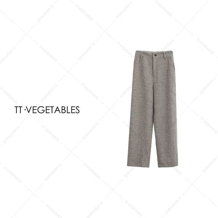 TT・VEGETABLES【序白】多瑙 羊毛涤纶裤宽松透气格纹休闲裤子521146