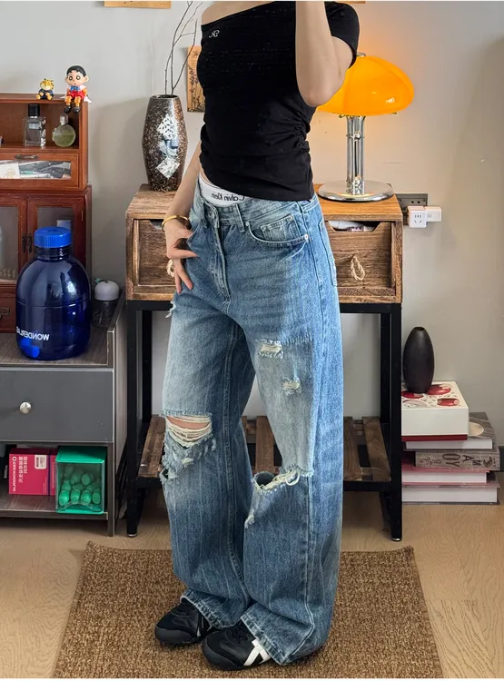 美式闪电纹乞丐破洞牛仔裤女2025新款夏季设计感高腰阔腿梧桐裤子