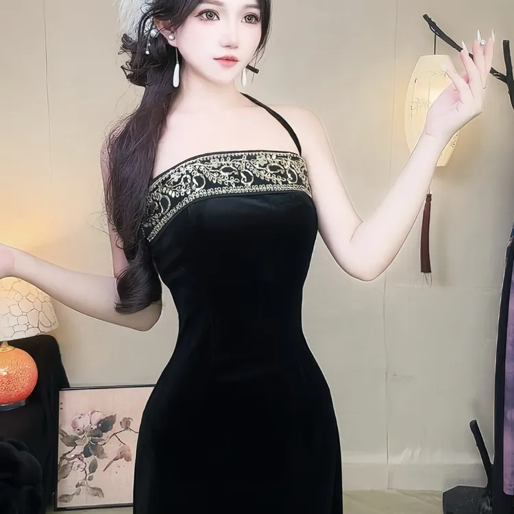 【月华】改良国风性感法式新中式显瘦吊带裙抹胸长裙丝绒秋冬内搭裙