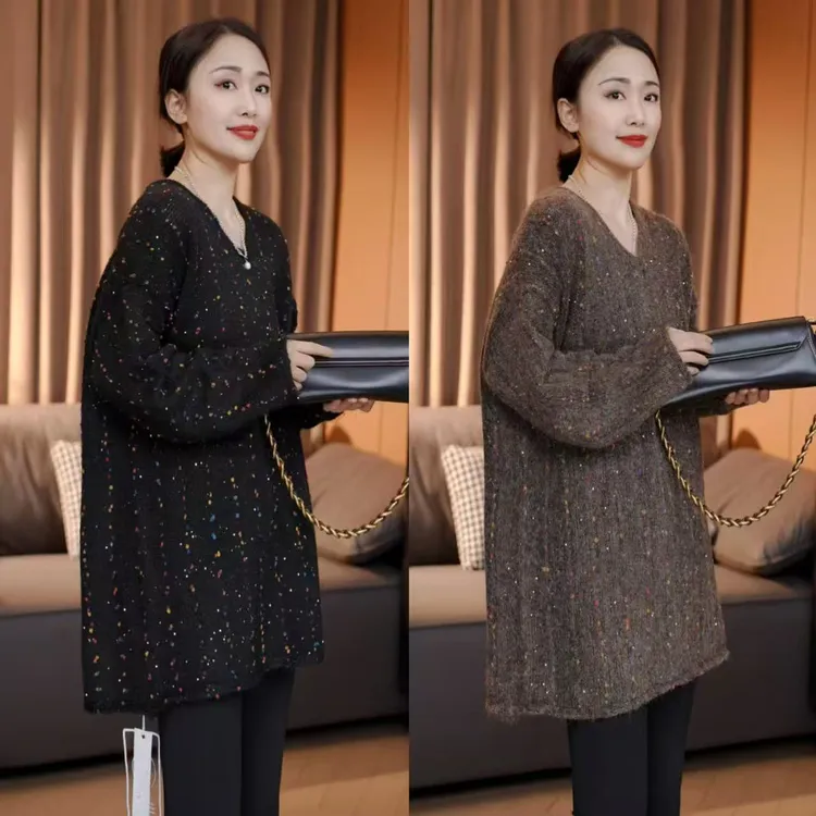 秋季新款重工彩色亮片针织衫宽松上衣时尚显瘦气质韩版慵懒风毛衣