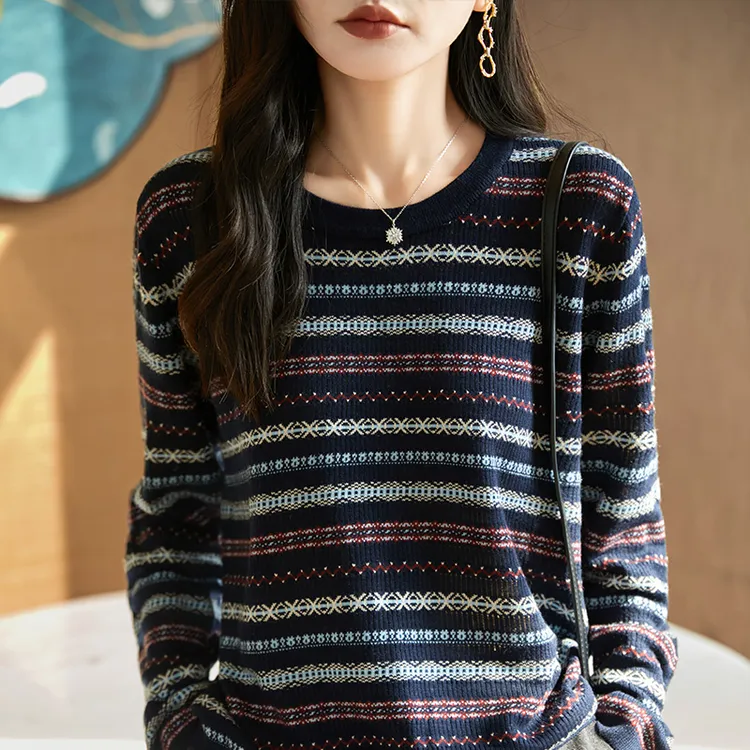 哥弟阿玛施正品新款圆领拼色条纹女秋冬时尚百搭宽松休闲针织开衫