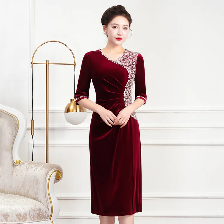 深圳品牌婚宴丝绒旗袍大码礼服秋冬连衣裙6XL中年婆婆妈妈装