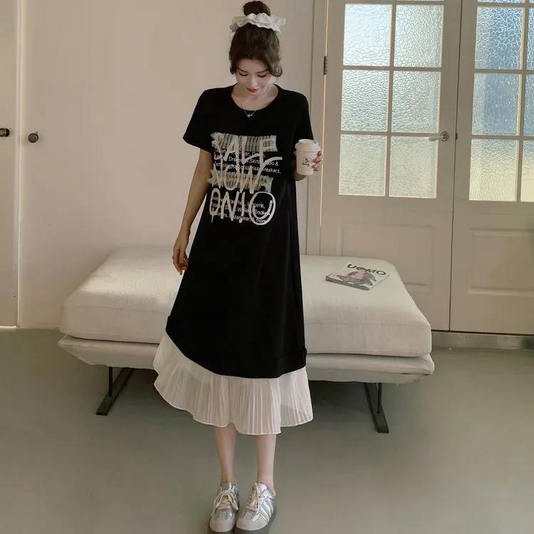 2025夏新款/韩版短袖连衣裙女宽松镂空长裙拼接撞色裙子