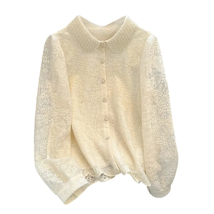 法式小香风重工钉珠翻领蕾丝衬衫女2025春季新款长袖打底衫上衣潮