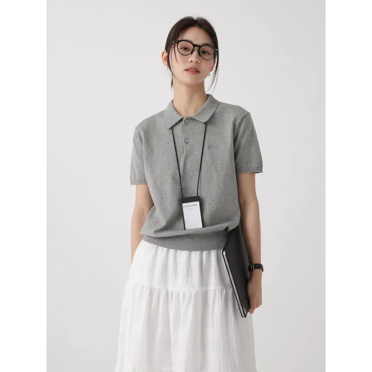 法式藏青色针织POLO领短袖t恤女夏季高级感气质收腰显瘦正肩上衣