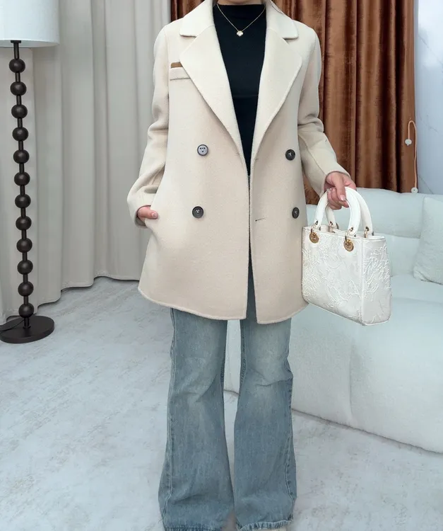 高支澳毛双面羊毛大衣女2025秋冬季新款系带双排扣双面呢羊毛外套