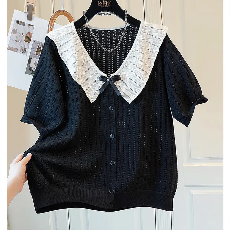 丝柏舍2025夏季新款女装温柔甜美拼色短款翻领针织衫S52X4862Z