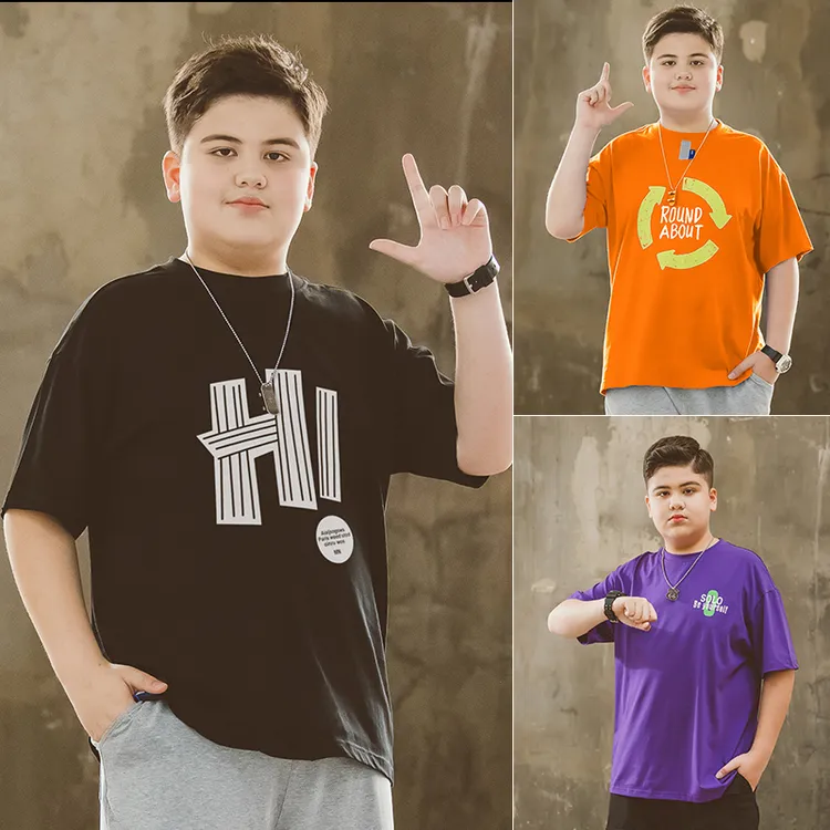 胖男童T恤短袖夏季薄款运动上衣汗衫紫色潮童半袖中大童加肥加大