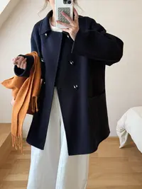 牛角扣中长款秋冬翻领毛呢大衣