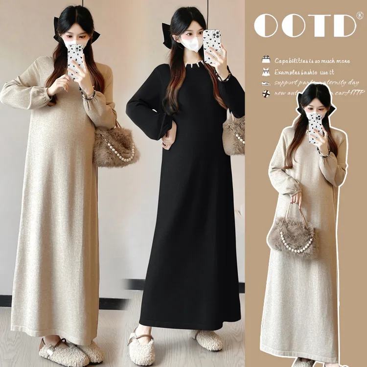 橙子家-新款休闲气质时尚宽松大版孕妇长款针织铆钉加厚连衣裙