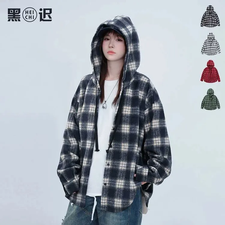 港味格子连帽衬衫外套男女春秋2025年新宽松慵懒风中长款休闲上衣
