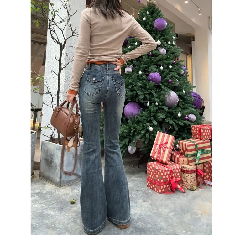 小众设计感口袋提臀显瘦弹力紧身拖地喇叭牛仔裤