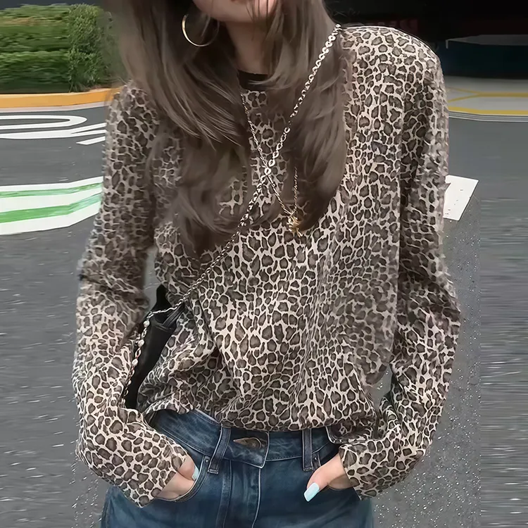 时尚潮流印花豹纹长袖T恤女2025秋季新款圆领宽松百搭打底衫上衣
