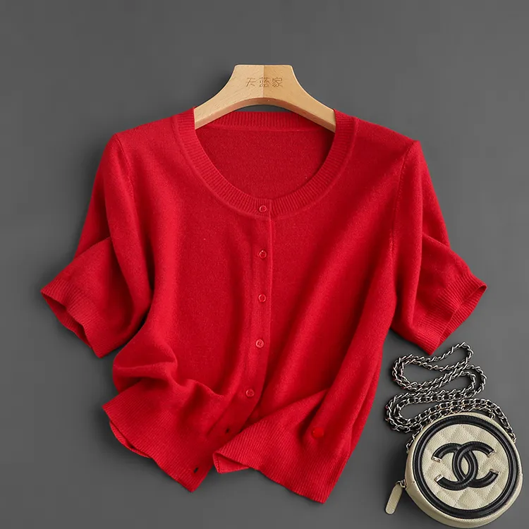 超软糯 圆领短袖显瘦短款针织开衫上衣女