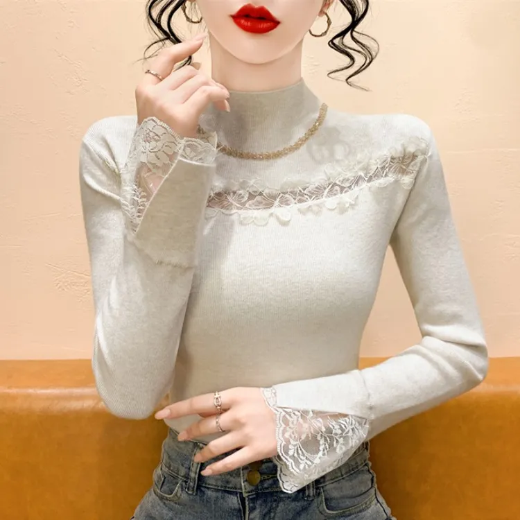 实拍钉钻半高领蕾丝拼接针织毛衣2025年秋冬新款长袖女显瘦打底衫