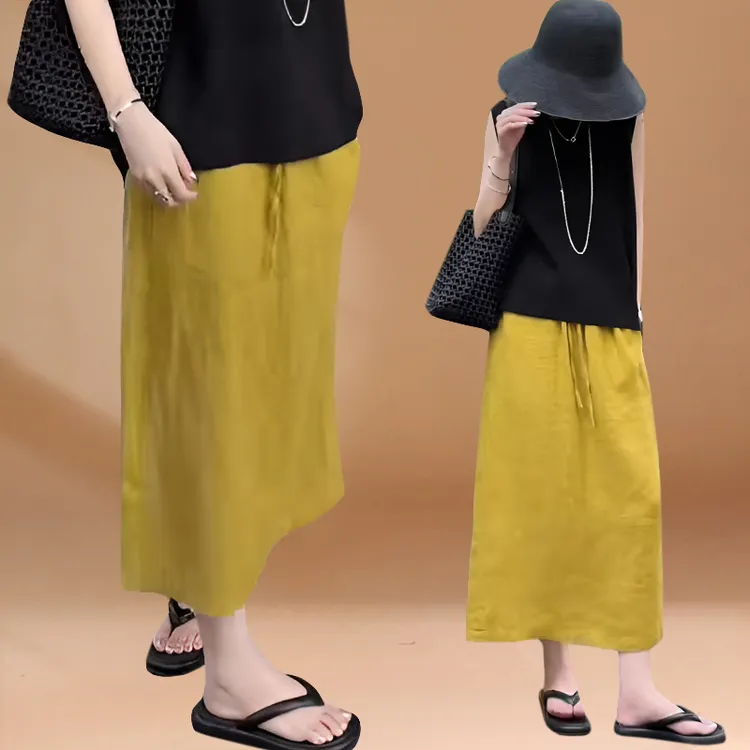 欧货简约纯色大码半身裙女宽松显瘦高级感气质开叉休闲中长款裙子