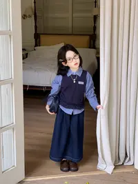 2025韩版女童秋季新款百搭衬衣假两件上衣儿童洋气休闲牛仔裤套装