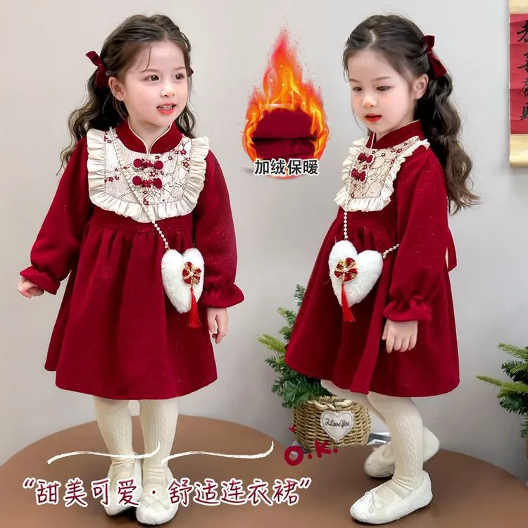 儿童冬季新款中式2025女童喜庆新年加绒加厚拜年服宝宝冬装裙子潮