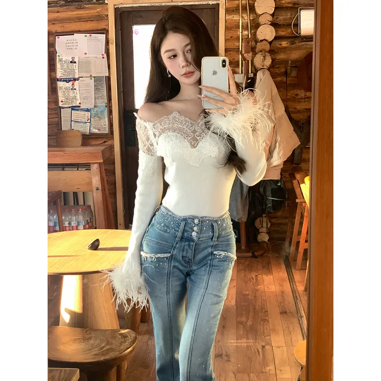 AZZHEN【腰间星辰】三七比例钉珠高腰微喇复古加绒牛仔裤AZ5PNK22