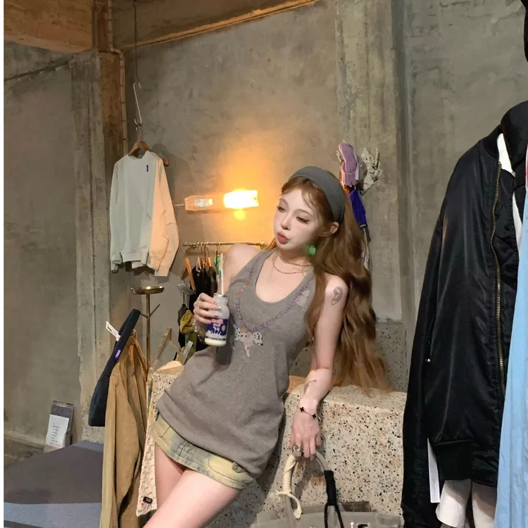 做旧裂纹印花 挂脖撞色设计吊带上衣宽松辣妹无袖ins夏季百搭