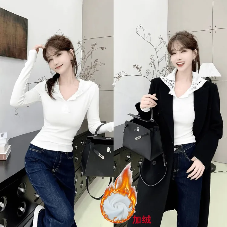 加绒秋冬T恤女修身显瘦连帽上衣韩版简约2025刺绣蕾丝加厚打底衫