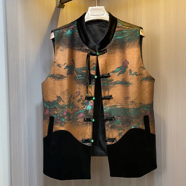 2025新款秋季中老年立领提花马夹时尚宽松法式印花妈妈装马甲