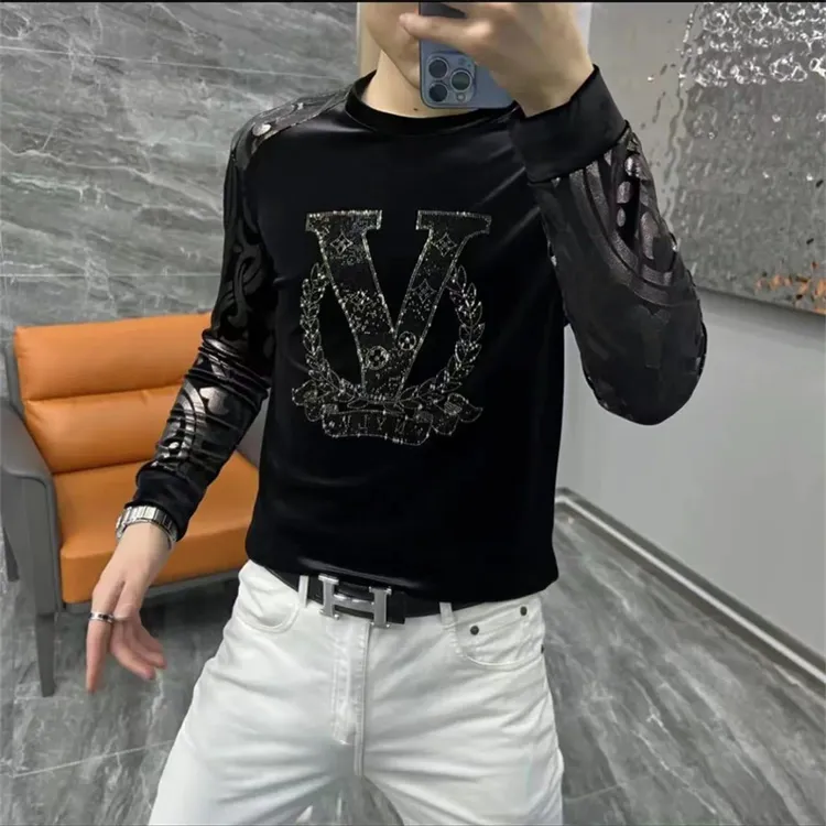 秋冬款男士金丝绒烫钻烫金小衫圆领黑色长袖T恤衫潮流时尚打底衫