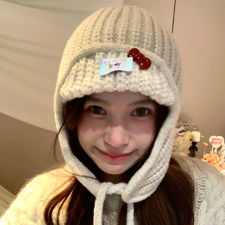 可爱蝴蝶结小狗针织护耳帽女秋冬季保暖飞行毛线帽大头围雷锋帽子