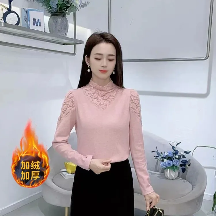A9016洋气新款冬季加绒保暖时尚洋气百搭减龄蕾丝拼接上衣