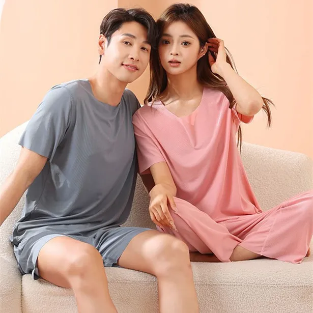 情侣家居服冰丝睡衣睡裤男款春夏天薄款女螺纹短袖套装弹力凉感