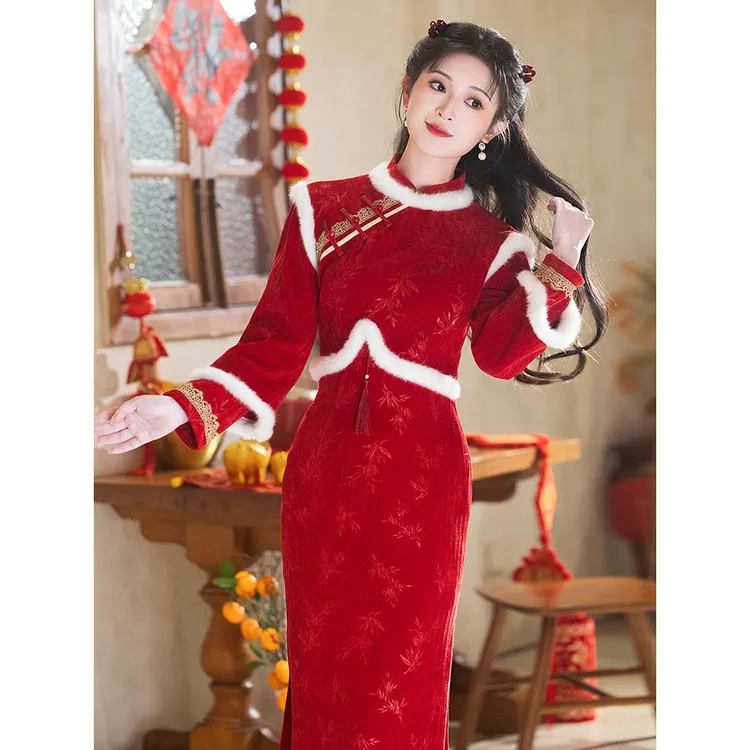 红色旗袍敬酒服订婚礼服新中式加绒冬季过年新年战袍拜年服小个子