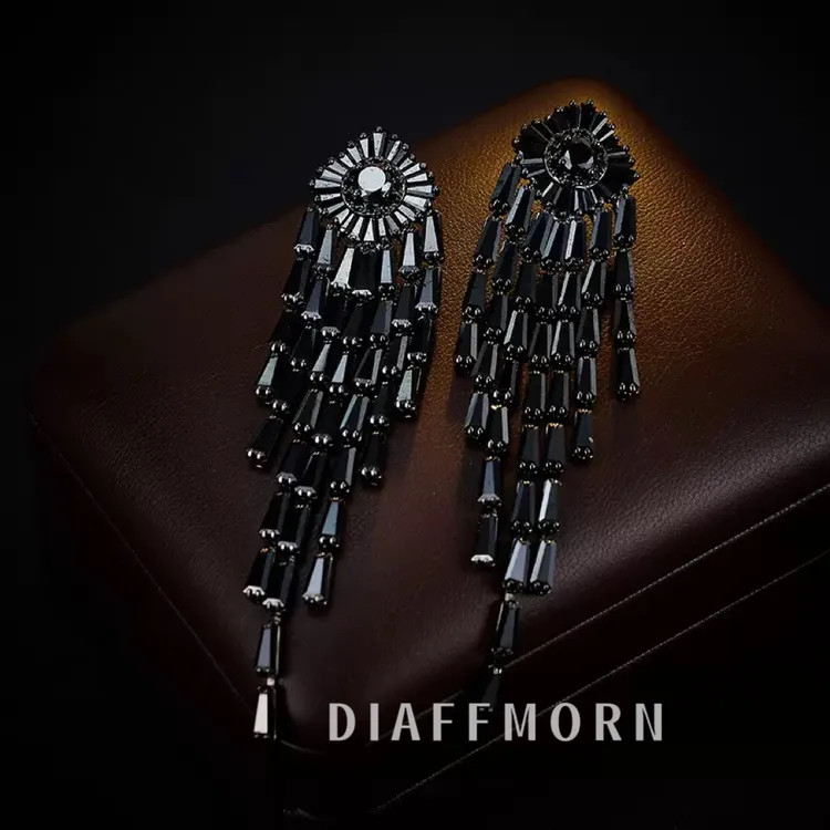 铜合金仿水晶耳饰 YM《黑天鹅》 重工高级复古黑色流苏耳环