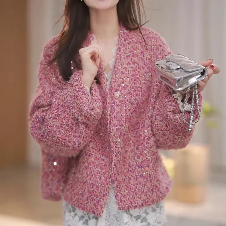 粉色小香风外套女春秋季时尚百搭2025新款韩系温柔小个子短款上衣