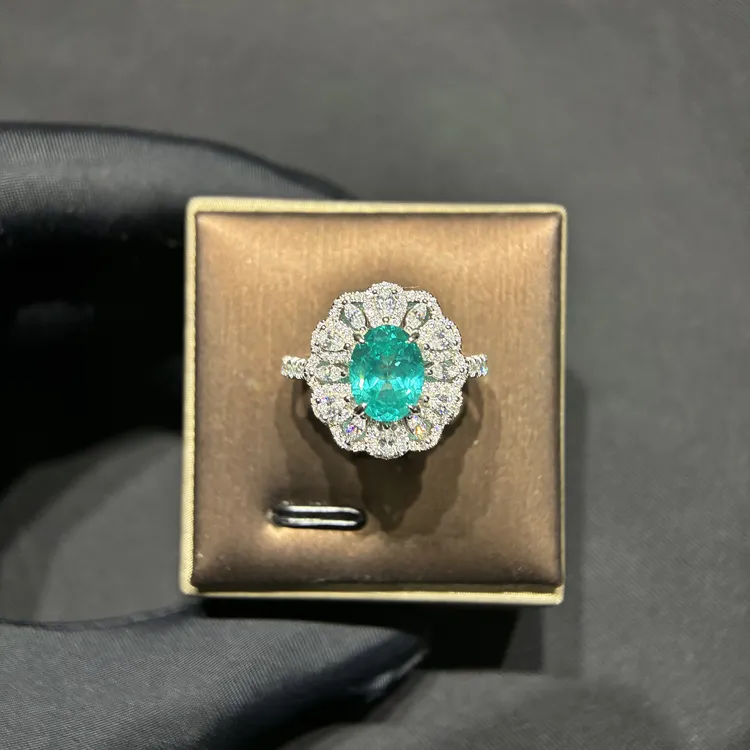 培育蓝宝石帕拉伊巴马尔代夫蓝戒指精工银镀厚金-2905