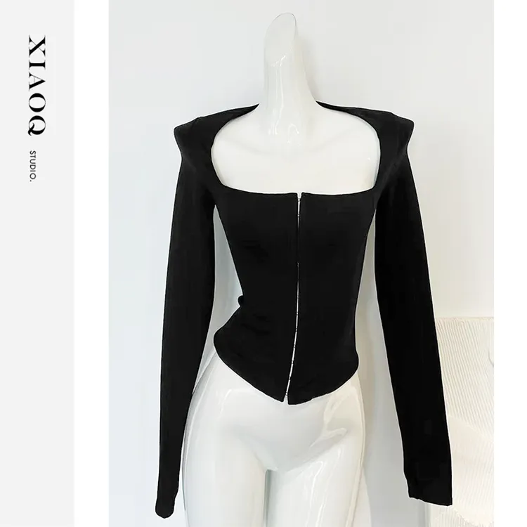 【小Q家】32148简约气质鱼骨方领T恤上衣