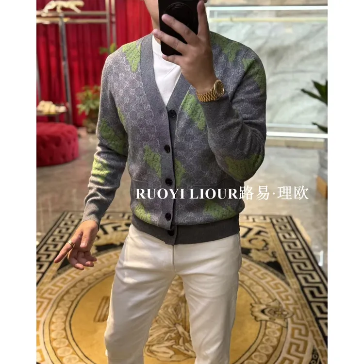【路易理欧】新款欧货时尚百搭潮流轻奢V领绵羊毛开衫针织衫0469