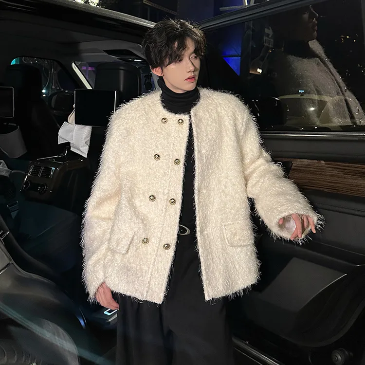 黑色垫肩短款小香风外套男秋冬高级感男模穿搭廓形无领美式夹克潮