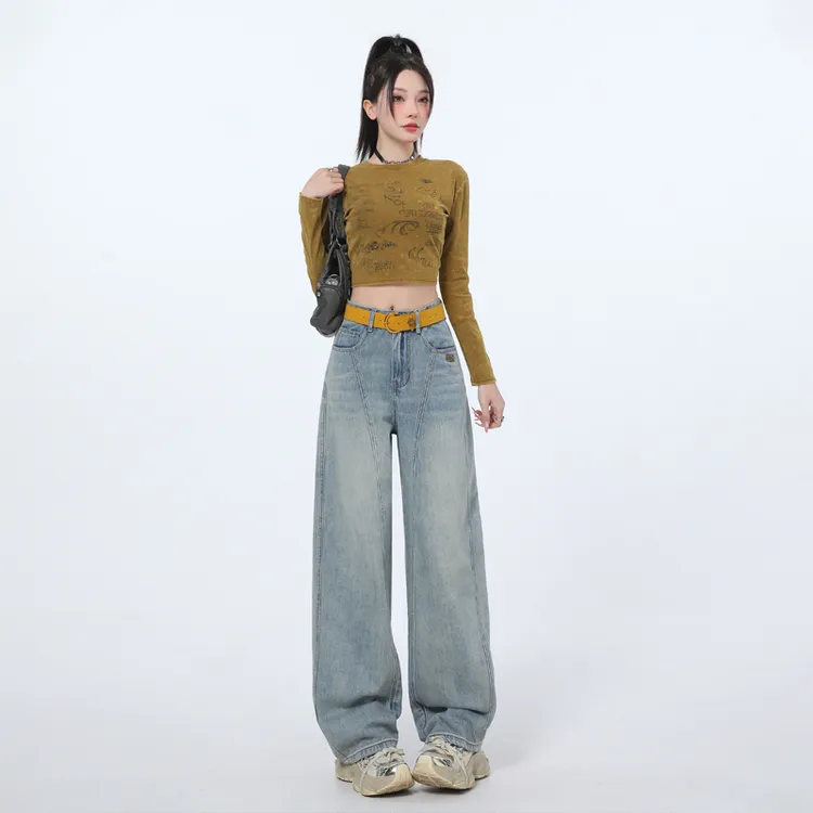 弯刀裤活力黄阔腿牛仔裤女春季新款高腰宽松显瘦直筒拼接