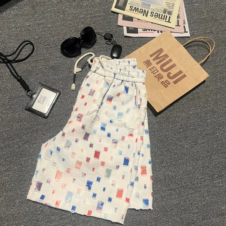 碎花时尚现现发美式彩色格子短裤夏季感潮牌外穿情侣牛仔五分裤子